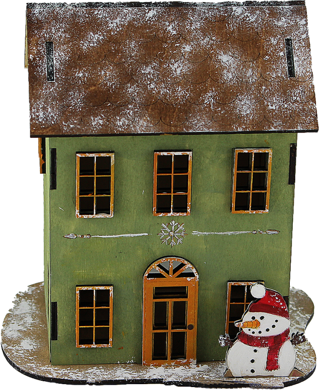 Scandinavian Christmas village - large green wooden house with snowman, h 17 cm, hand-painted, lighting possible