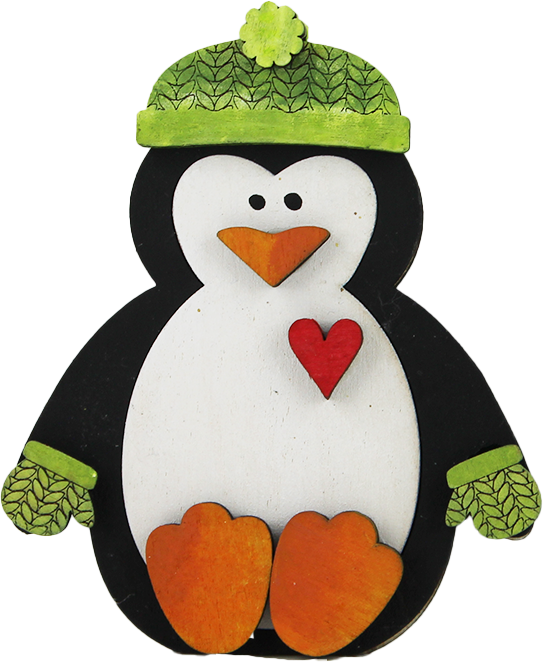 Holz Pinguin sitzend mit hellgrüner Pudel-Mütze/Handschuhen, Herz, H 8 cm