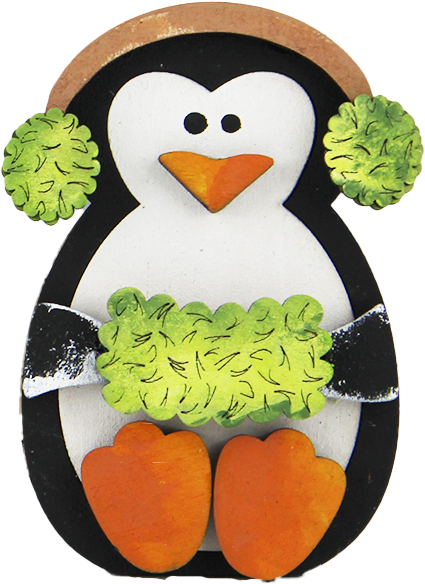 Holz Pinguin sitzend mit Ohrwärmern/hellgrünem Muff, Herz, H 7 cm