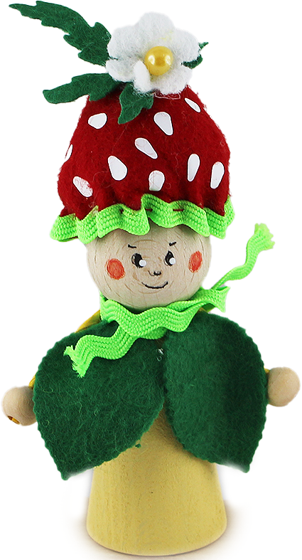 Wooden strawberry gnome with blossom, red, green, yellow, H 10 cm, hand-painted, for wooden wreaths