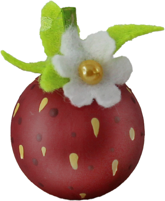 Wooden strawberry with blossom, red, green, yellow, H 4 cm, hand-painted, for wooden wreaths