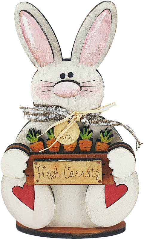 Osterhase mit Karottenkiste, Halsband mit rundem Schild, Karottenverkauf, handemalt, für Holzkränze, H 10 cm