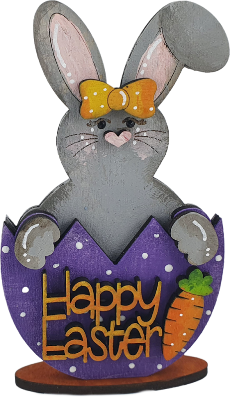 Osterhase im Ei mit Karotte und Happy Easter Schriftzug, grau, lila, rosa, gelb, h 9 cm, handemalt, für Holzkränze