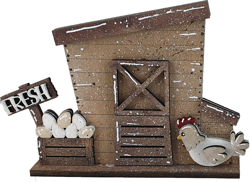 Hühnerhaus mit Eierkorb und Henne, handemalt, für Holzkränze, h 7 cm