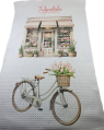 Tea towel with waffle structure tulip shop, bicycle with tulip basket, pink, rosé, brown, 28 x 46 cm