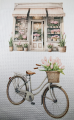 Tea towel with waffle structure tulip shop, bicycle with tulip basket, pink, rosé, brown, 28 x 46 cm