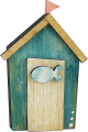 Beach house/beach hut with fish door, flag, turquoise, H 10 cm