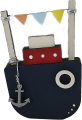 Dampfer mit Anker am Silberdraht und Wimpelkette, schwarz, rot, beige, blau, H 10 cm