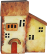 2 old wooden houses yellow, orange-brown, H 8.5 cm