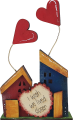 2 wooden houses with hearts and heart sign I wish we lived closer, orange-brown, H 17.5 cm, blue, red