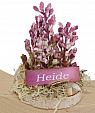 Heidekraut auf Birkenholzscheide dekoriert mit Heide-Schild, Höhe 6 cm