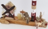 Driftwood coast area with mill and lighthouse, dark red