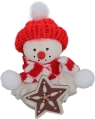 Big Snowman with gingerbread heart, red/white scarf and knitted cap, H 9 cm, for candlerings