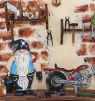 Biker workshop with motorcycle and tools, miniatures, hand-painted