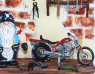 Biker Werkstatt mit Motorrad und Werkzeugen, handbemalt