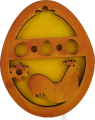 Large wooden egg with laser-cut decorations rooster, yellow/l.brown, h 9.5 cm