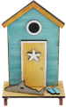 Large yellow beach house with surfboard, fish, flip flops, blue, H 16 cm, hand-painted