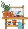 Wooden plant table with clay pots, plant accessories, for candlerings, brown, light blue, h 10 cm, hand-painted
