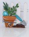 wooden garden fence with clay pot, shovel, potting soil, white, brown, light blue, h 10 cm, hand-painted