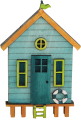 Large yellow beach house with surfboard, fish, flip flops, blue, H 16 cm, hand-painted (copy)