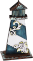 Patinierter Holz-Leuchtturm mit weißen Ornamenten, dunkelblau, weiß, kupfer, 15 cm