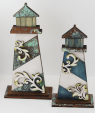 Patinated wooden lighthouse with white ornaments, dark blue, white, copper, 15 cm
