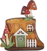 Small stump house with mushrooms, fence, front door, brown, red, h 12 cm, handwork