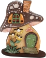 Small mushroom house with flowers, shutters, chimney, front door, brown, yellow, green, h 12 cm, hand-painted
