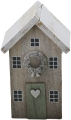 Dekoaufsteller Cotty, kleines Holzhaus beige, shabby mit Türkranz, H 14 cm