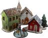 Scandinavian Christmas village - wooden house red/black, with fir tree, h 11 cm, hand-painted, lighting possible