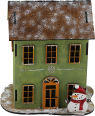 Skandinavisches  Weihnachtsdorf - großes Holzhaus grün mit Schneemann,  h 17 cm, handbemalt, Beleuchtung möglich