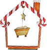 Display gingerbread house with wooden ornament Jesus in manger/golden star, h 30 cm, hand-painted, brown, white, red