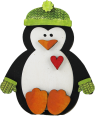 Wooden penguin sitting with light green poodle hat/gloves, heart, H 8 cm