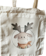 Fabric bag / shopping bag Elchi with dungarees, cream white/orange green, 35 x 38.5cm