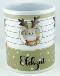 Tasse Elchzeit, Elch mit Latzhosen, 8,2 x 9,6 cm, weiß, orange, grün