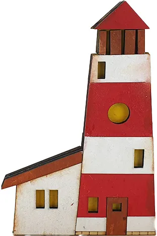 Holz-Leuchtturm mit Anbau, rot, weiß, braun, 13,5 cm, für Holzkränze