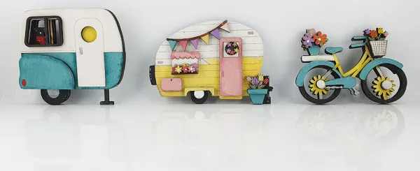 Holz Wohnwagen mit Hund, Steckfiguren Camping, Hollandrad