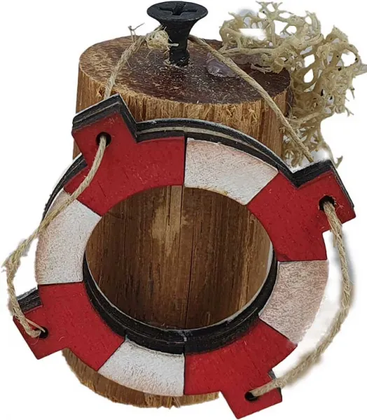 Holz-Poller mit Rettungsring mit Seil, Höhe 5 cm, rot, weiß, braun