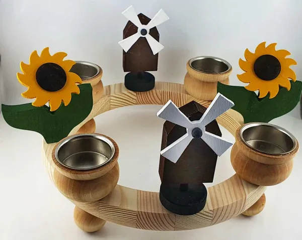 Sebastian design Teelichterkranz natur, 23 cm mit Sonnenblumen, Windmühlen