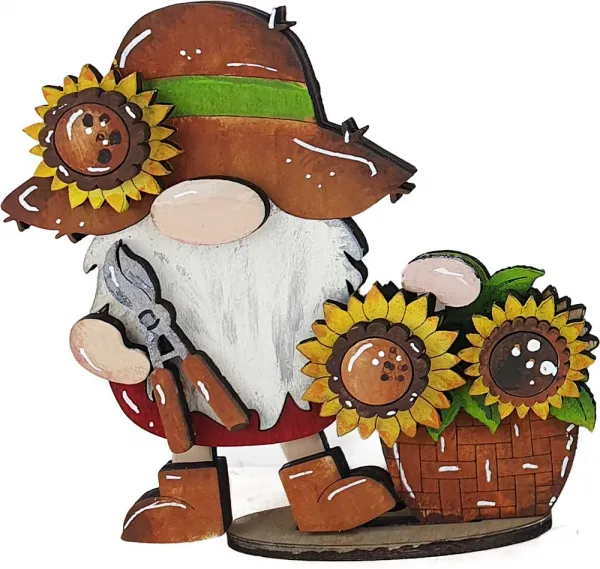 Herbstwichtel mit Sonnenblume, Gartenschere, Blumenkorb, braun, dunkelrot, gelb, h 9 cm, für Holzkränze, handbemalt