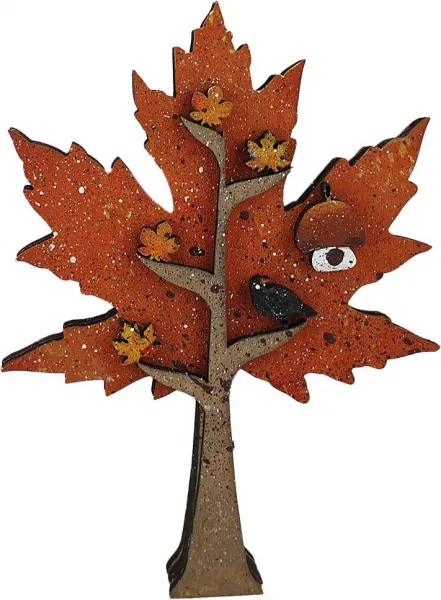 Herbstbaum Spitzahorn mit Krähe und Vogelhaus, dunkelorange, braun, h 11,5 cm, für Holzkränze, handbemalt