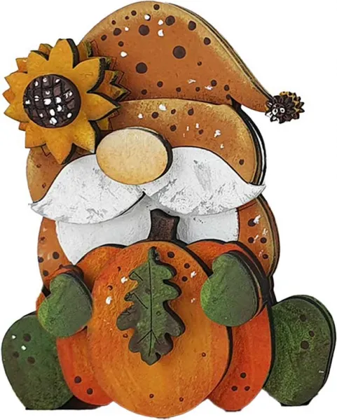 Holz Herbstwichtel sitzend mit Sonnenblume, Kürbis, beige, orange, grün, 8 cm, für Holzkränze