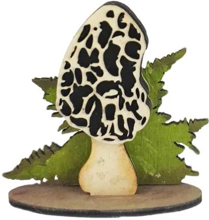 Morchel Pilz mit Farn, grün, beige, dunkelbraun, h 7 cm, Kranzfigur, handbemalt Morchel Pilz mit Farn, grün, beige, dunkelbraun, h 7 cm, Kranzfigur, handbemalt