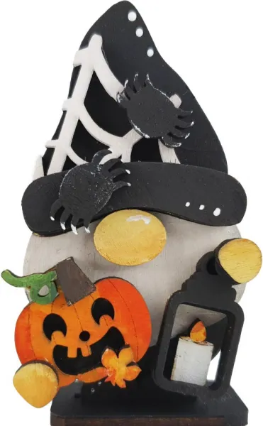 Halloween Wichtel mit Spinnennetz-Mütze, Kürbis, Laterne schwarz, orange, weiß, handbemalt, h 9,5 cm