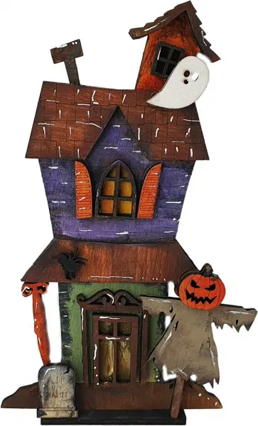 Halloween altes Haus 2-stöckig mit Grabstein, Vogelscheuche, Gespenst und Spinne, h 15 cm