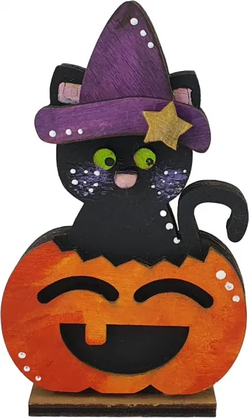 Halloween Katze mit Kürbis und lila Hut mit Stern, schwarz, lila, orange, handbemalt, h 8 cm