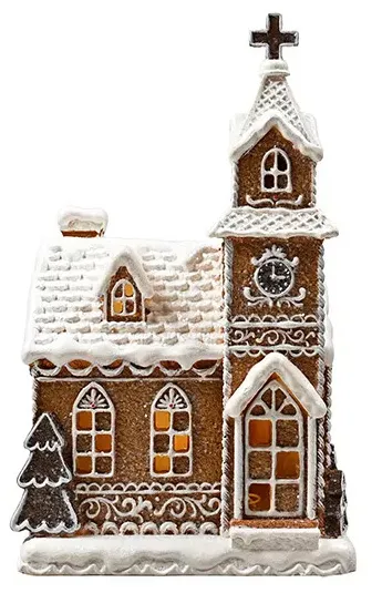 Det Gamle Apotek Lebkuchenhaus Kirche, Lichthaus mit LED, braun, weiß, H 23,5 cm, B 14 cm, T 12 cm