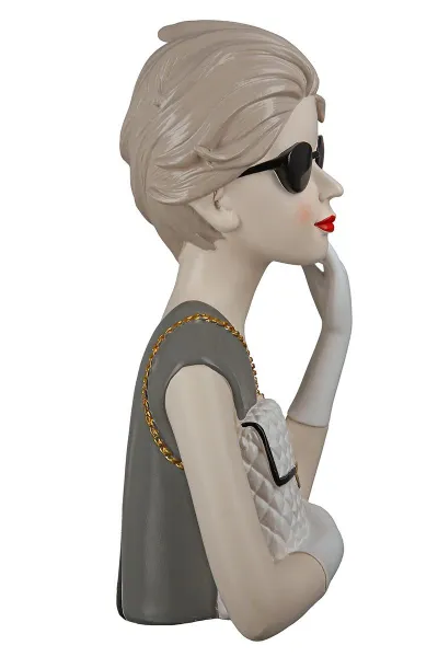 Gilde Figur, Frau, Lady mit Handtasche, h 29 cm, grau, Ladykopf, Büste, Seitenansicht
