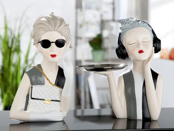 Gilde Figur, Frau, Lady mit Handtasche, h 29 cm, grau, Ladykopf, Büste und Frau mit Kopfhörern, Tablett