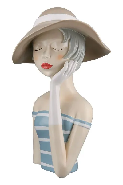 Gilde Figur, Frau, Lady mit cremefarbenem Hut, h 32 cm, hellblau, creme, Ladykopf, Büste